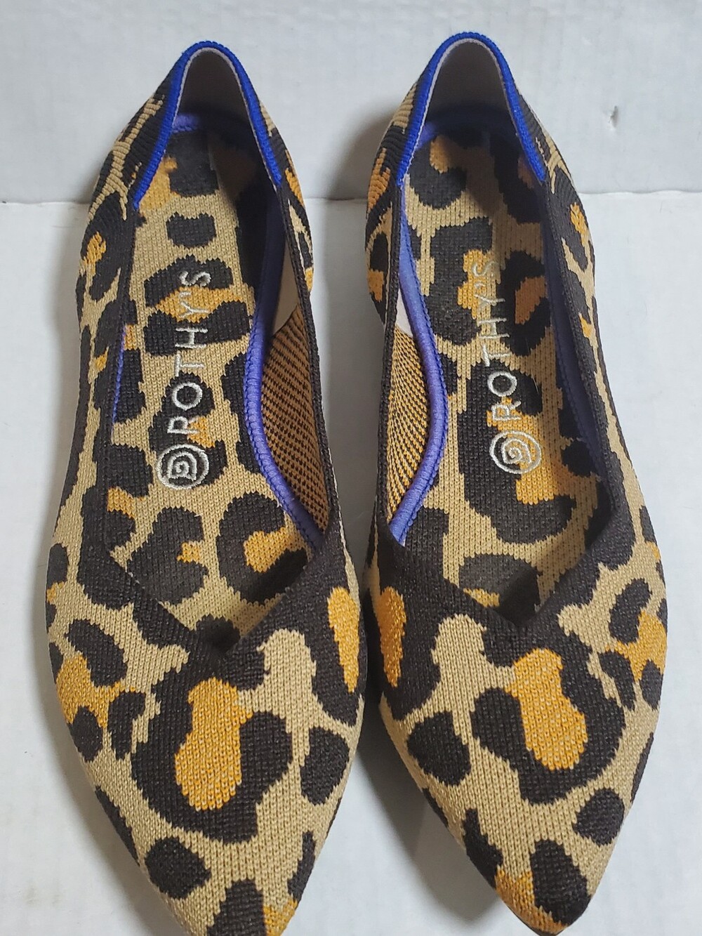 Rothy's Leopard Print Pointed Knit Flats in Brown/Black with Blue Accents Sz W 9